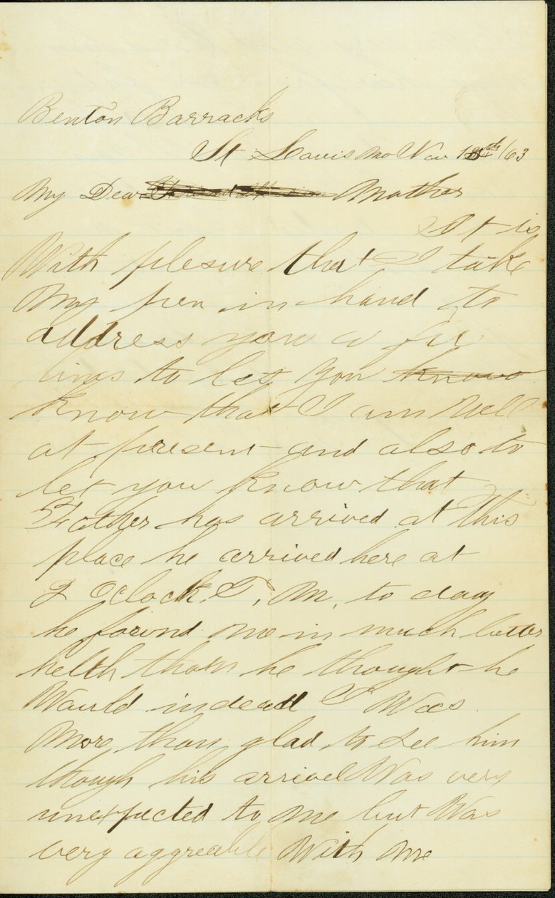 Lettre signée Joseph A. Fardell, Benton Barracks, St. Louis, Mo., à Mère, 12 novembre 1863 - Joseph A. Fardell