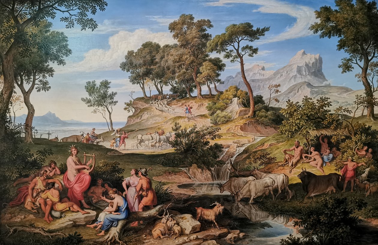 Allemand : Apollo unter den Hirten Apollon parmi les bergers
 Apollon parmi les bergers
 Français :  Apollon parmi les bergers Apollo among the shepherds - Joseph Anton Koch