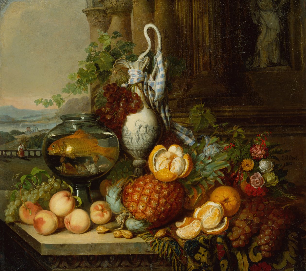 Nature morte avec fruits, bocal à poissons et paysage - Joseph Biays Ord