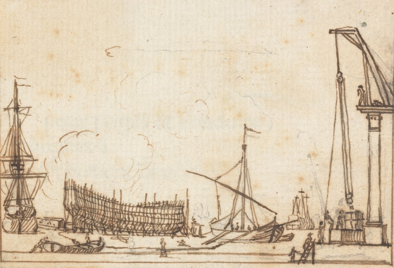 Scène de quai: Bateaux et navires de différentes tailles; Construction navale; Machines à poulies avec opérateurs - Joseph Cartwright