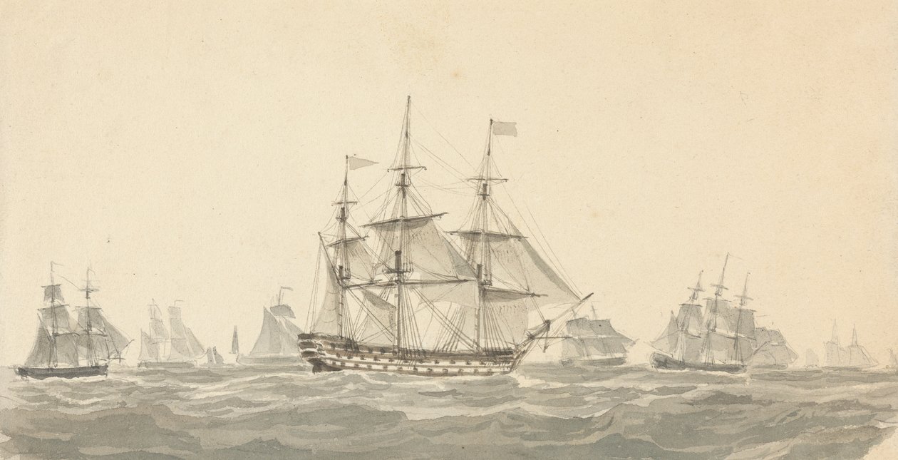Vue de cuirassé de côté entouré de plusieurs autres en mer agitée - Joseph Cartwright