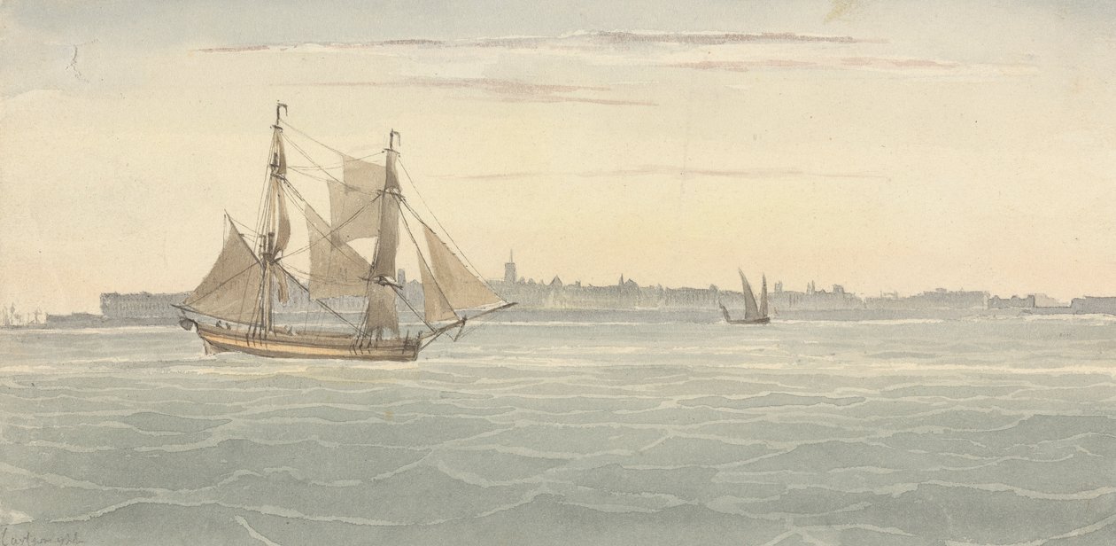 Brigantin seul (?) Un autre navire à voile contre la silhouette de la ville en arrière-plan - Joseph Cartwright