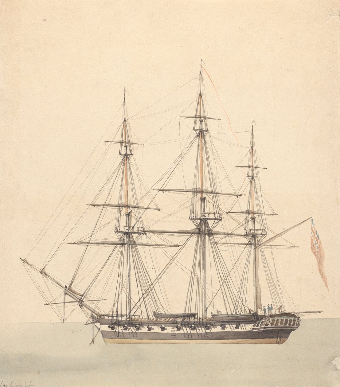 Corvette simple (?) avec trois figures en uniformes navals et Union Jack - Joseph Cartwright