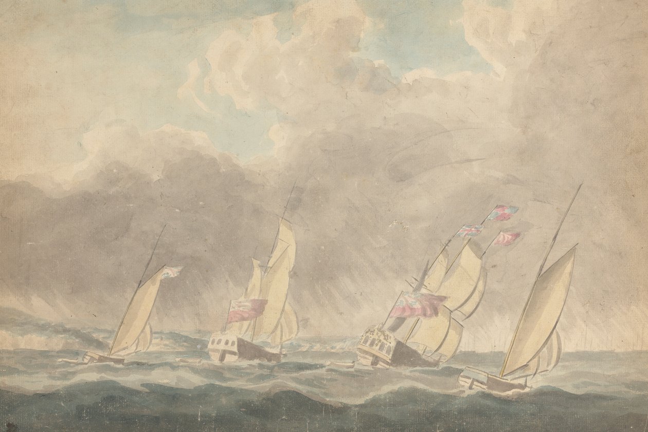 Deux sloops de guerre, une barque et une goélette (?), poupes en avant, en mer agitée; plusieurs voiliers en arrière-plan - Joseph Cartwright