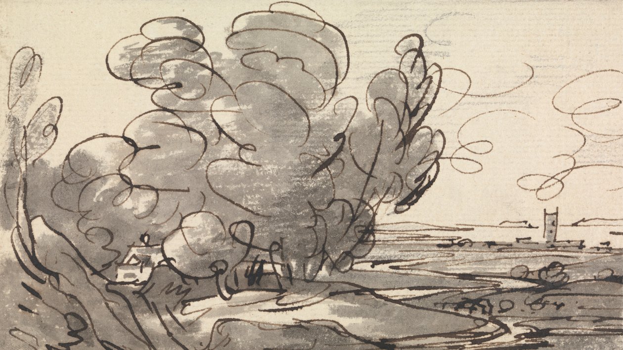 Arbres avec une église lointaine à droite - Joseph Farington