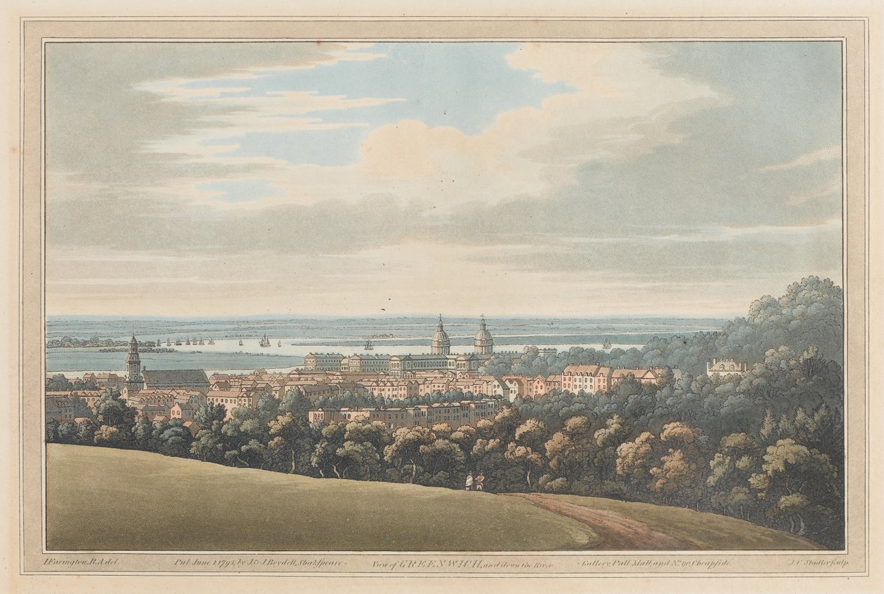 Vue de Greenwich et en aval de la rivière, 1795 (aquatinte) - Joseph Farington