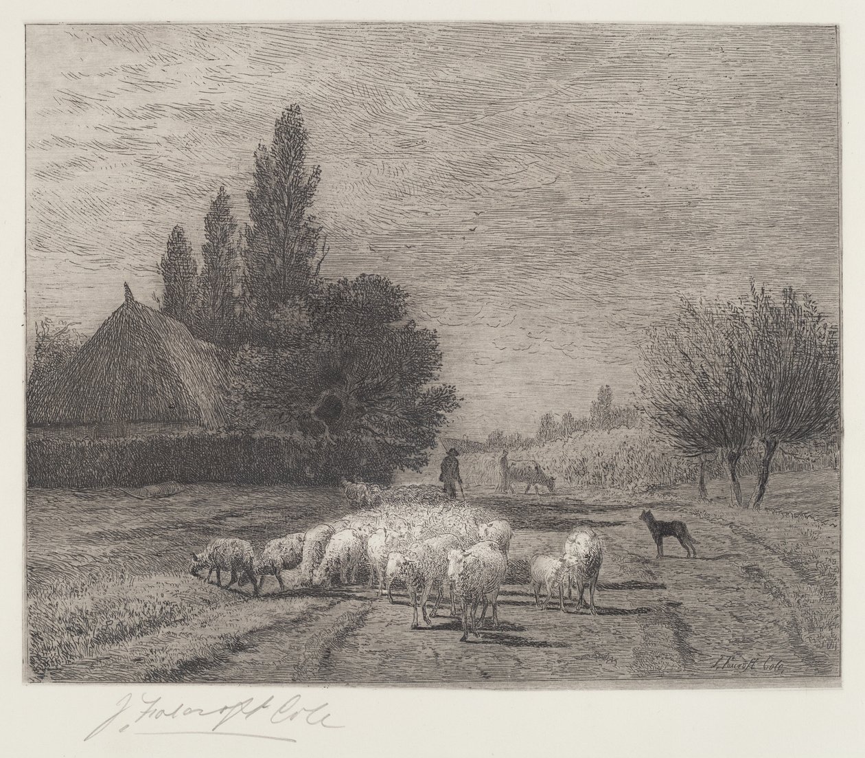 Rue de village en France avec un troupeau de moutons - Joseph Foxcroft Cole