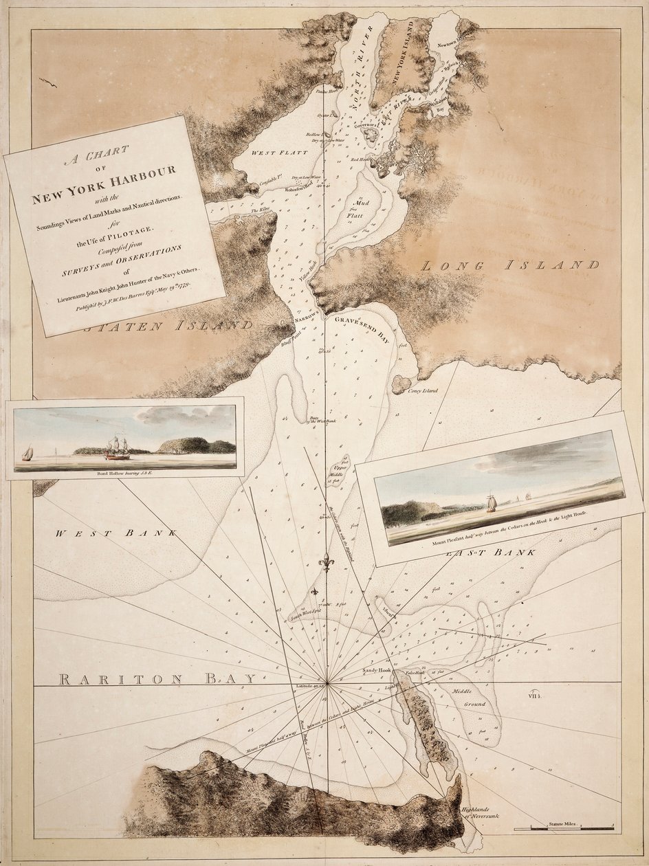 Carte du port de New York avec les sondages, vues des repères et directions nautiques pour l
