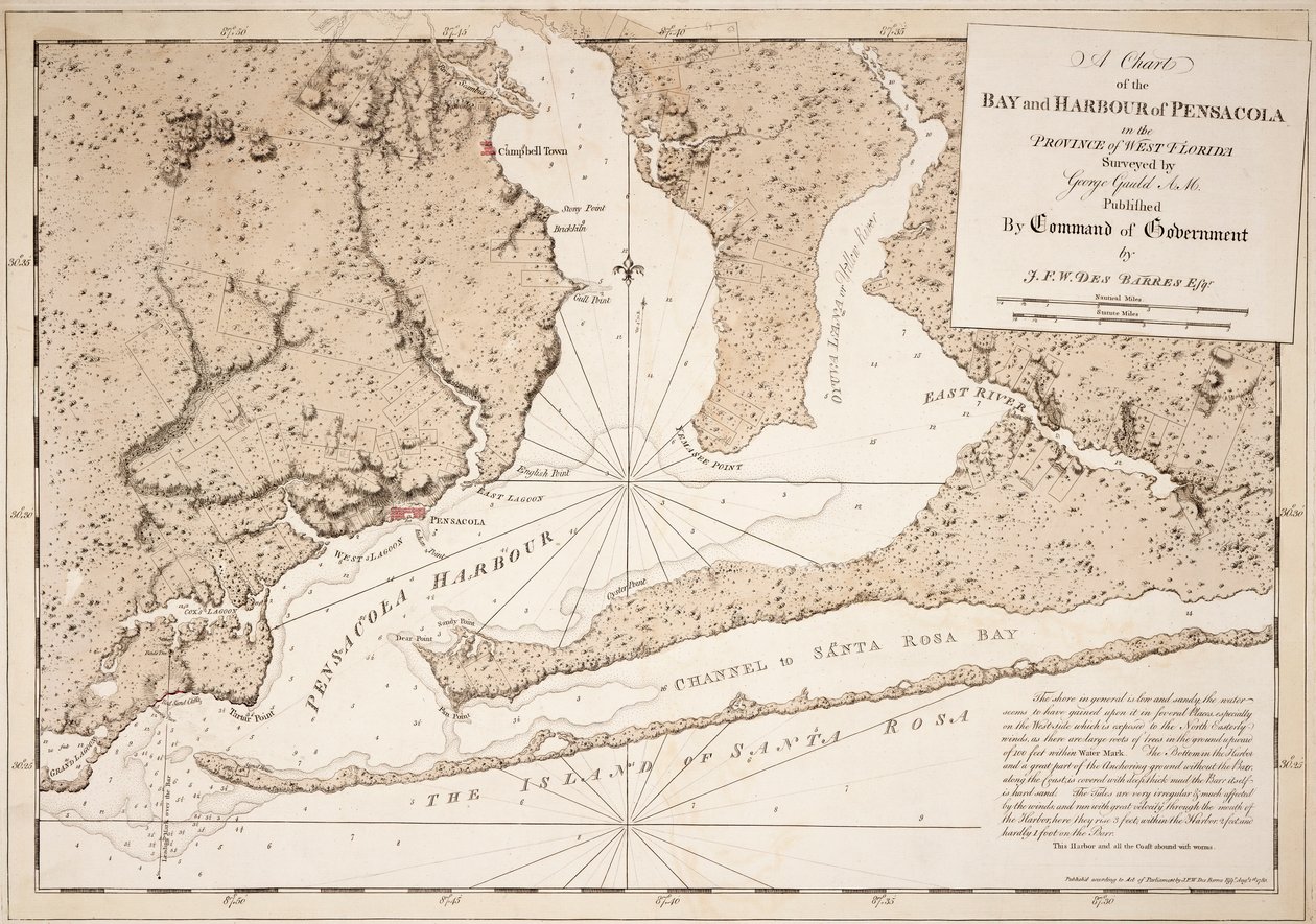Carte de la baie et du port de Pensacola dans la province de Floride occidentale - Joseph Frederick Wallet DesBarres