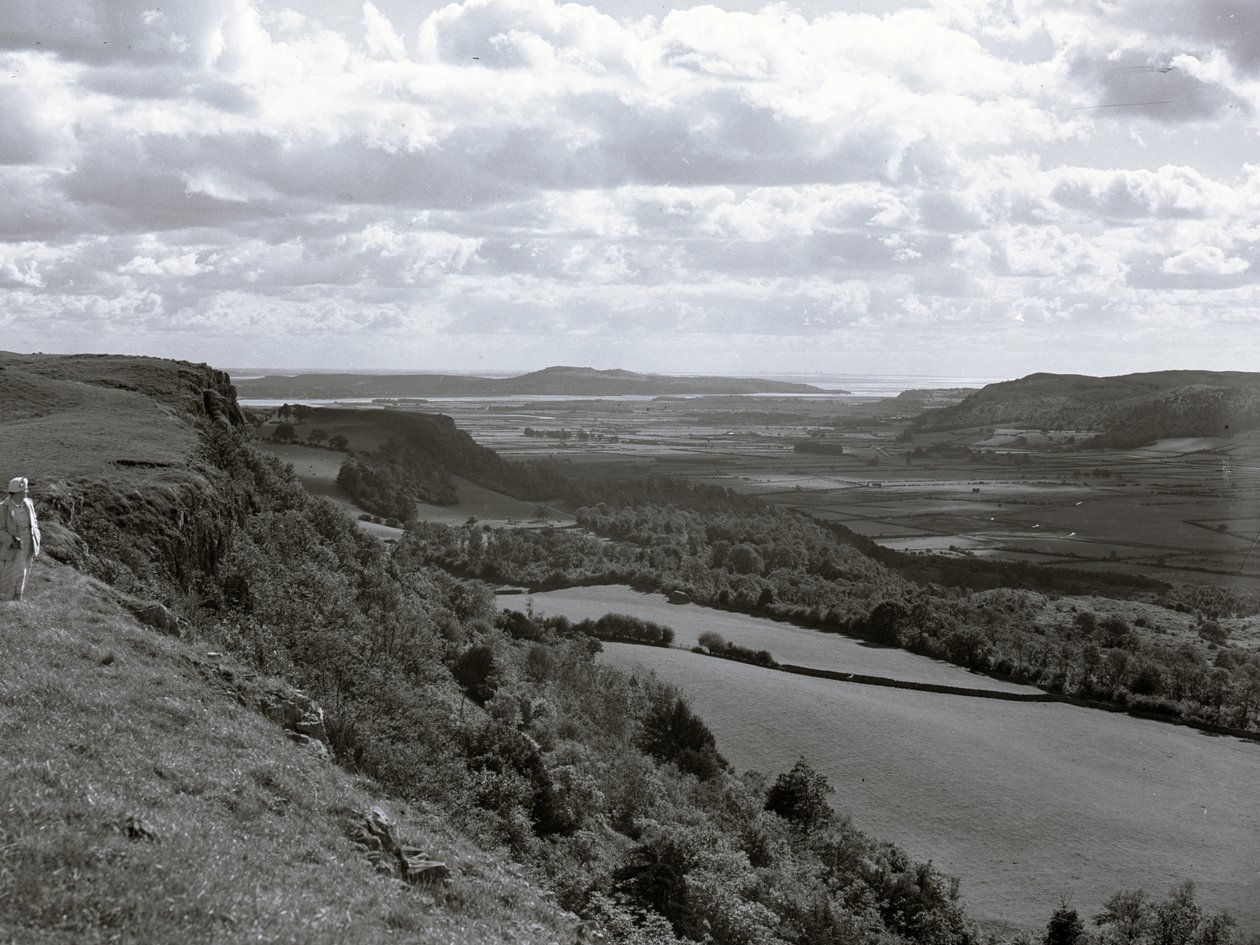 Une dame se tient sur une colline et regarde le paysage de Scout Scar. - Joseph Hardman