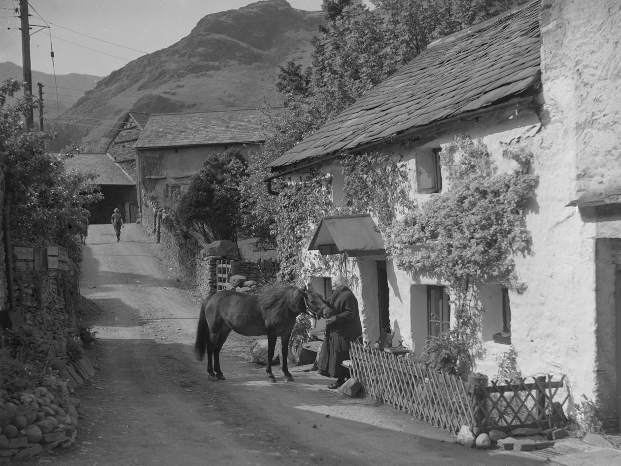 Vieille dame caressant le cheval qui se trouve sur la route devant le chalet - Joseph Hardman