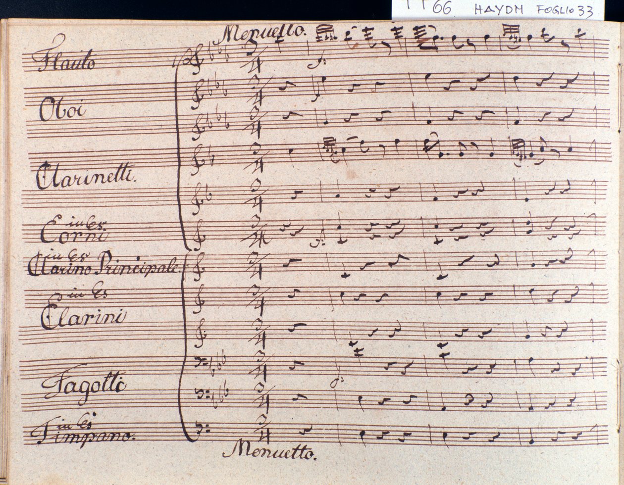 Première page de la partition musicale du menuet dans la Symphonie 66 en si bémol majeur par J Haydn - Joseph Haydn