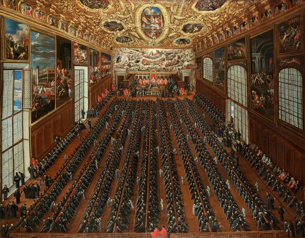 Intérieur de la Sala Maggior Consiglio, Palais des Doges, Venise, avec des patriciens votant sur un bulletin pour l