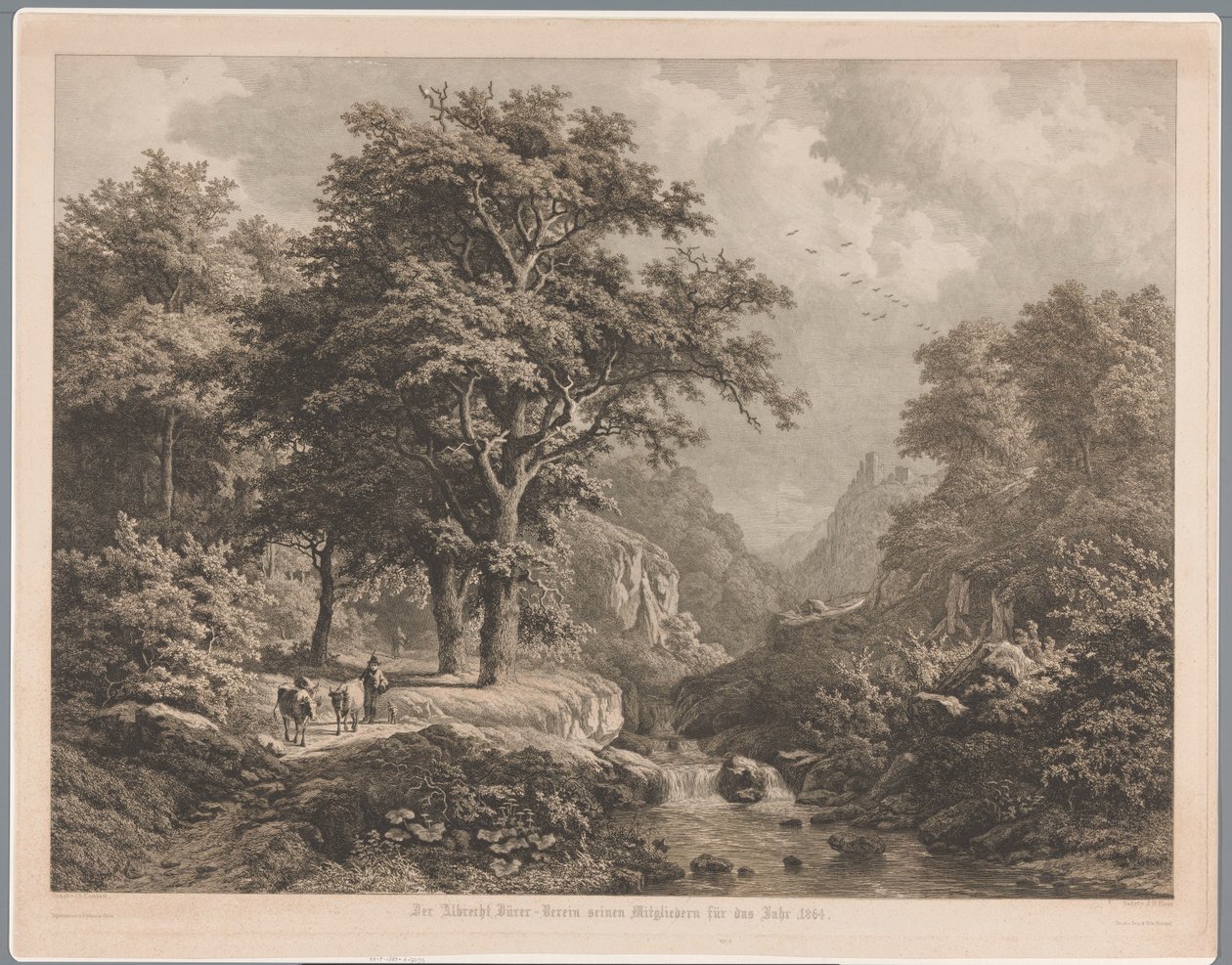 Paysage montagneux avec une cascade au centre, un garçon avec trois vaches et un chien à gauche - Joseph Hubert Blees