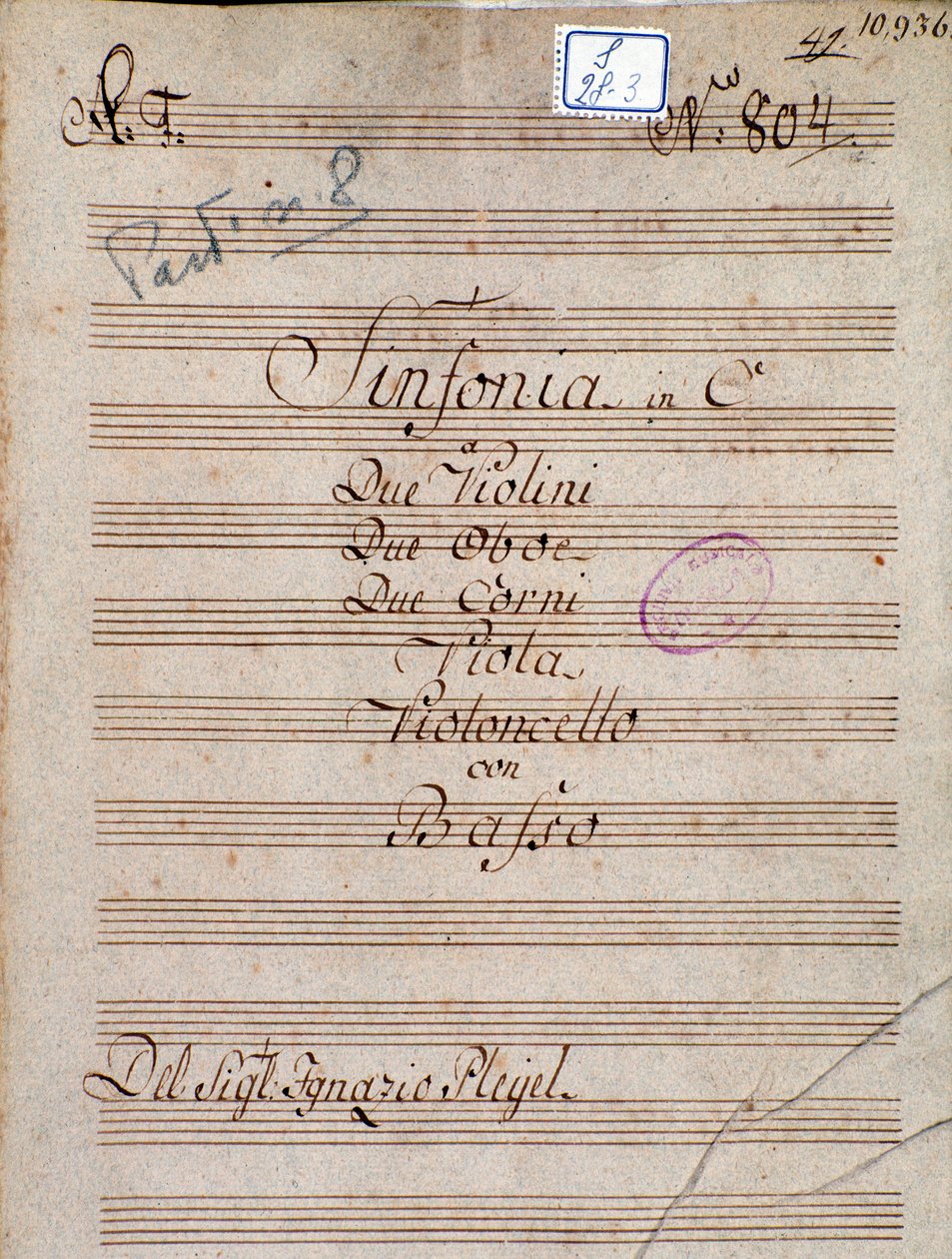 Première page de la partition musicale de la Symphonie en do par Pleyel - Joseph Ignace Pleyel