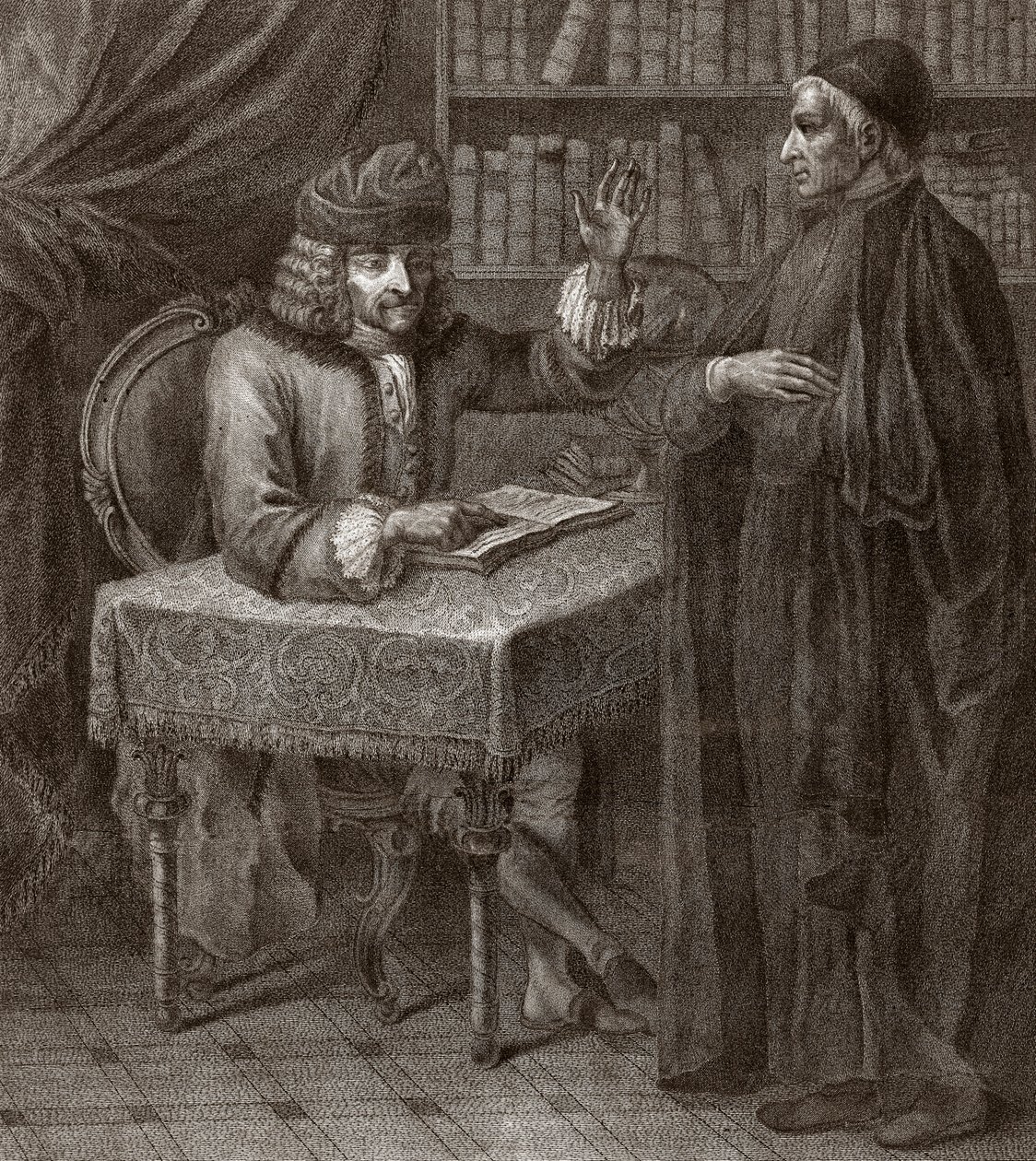 Voltaire et le religieux - VOLTAIRE, François-Marie Arouet - avec un clergé. Voltaire et un prêtre (Religion) - Gravure de Joseph Lante - 1764 - Joseph Lante