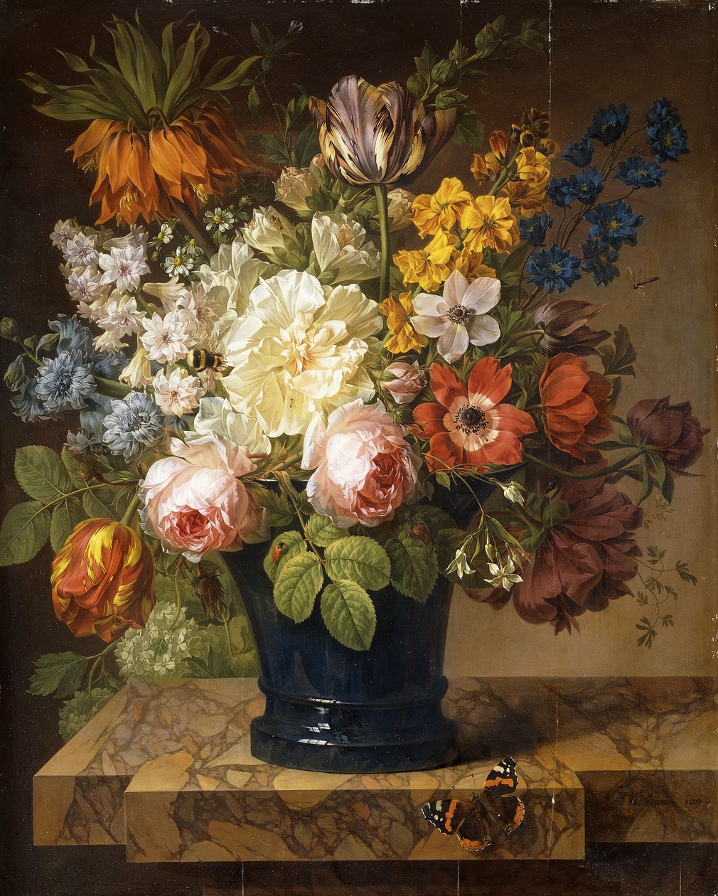 Fleurs dans un vase sur un rebord de marbre avec un vulcain, un bourdon, deux coléoptères et une libellule, 1807 - Joseph Laurent Malaine