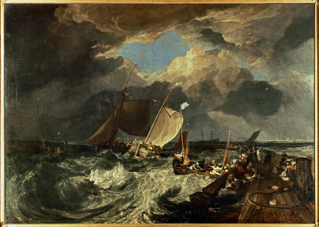 Quai de Calais, avec des pêcheurs français se préparant à prendre la mer : An English Packet Arriving ... (peinture sur toile) - Joseph Mallord William Turner