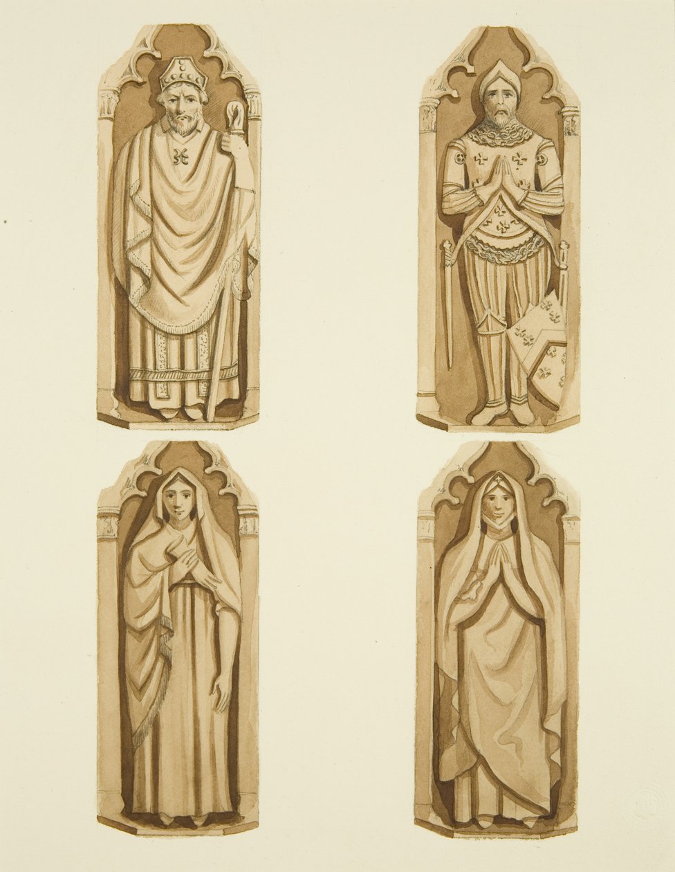 Quatre figures décorant les portes fabriquées par Clarke, de chaque côté de l