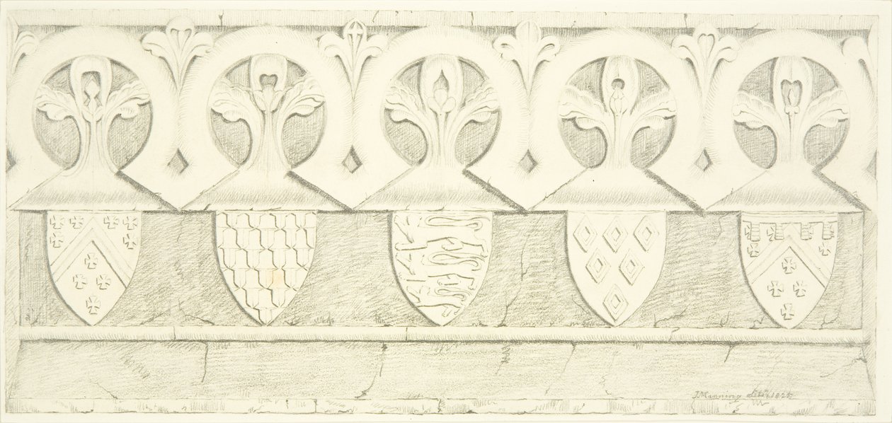 Frise gothique et armoiries dans la salle de la sacristie de la cathédrale de Bristol - Joseph Manning