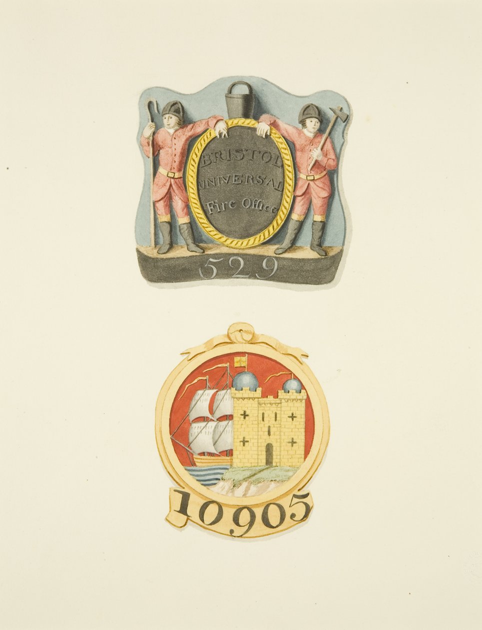 Badges de maison ou marques de feu des bureaux de Bristol Universal et Bristol Fire - Joseph Manning