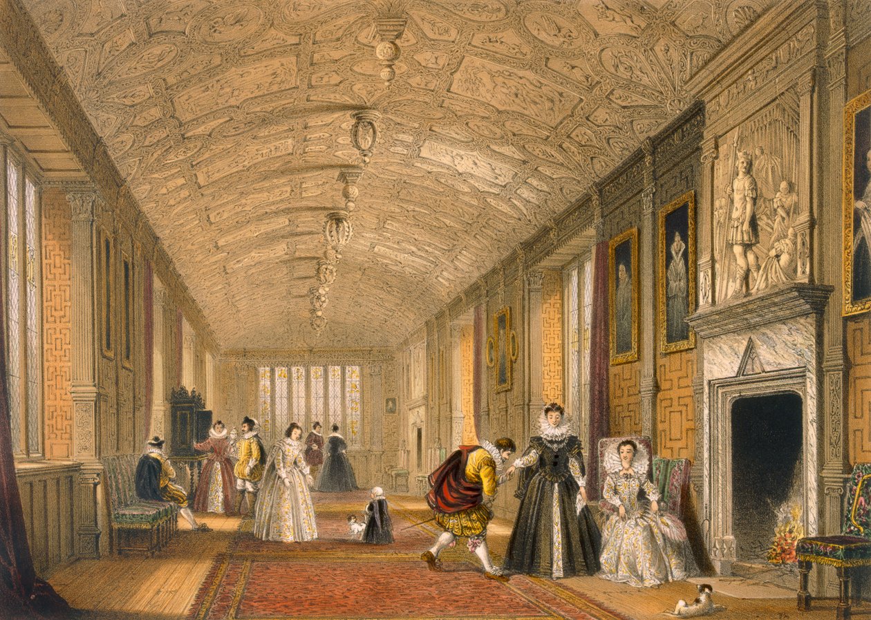 La Longue Galerie à Lanhydrock, Cornwall, 1600, de Architecture du Moyen Âge, publié en 1838 - Joseph Nash