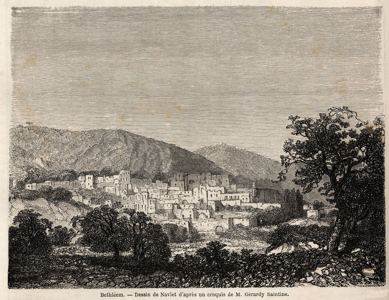 Vue de Bethléem, dessin de Joseph Navlet (1821-1889), pour illustrer le voyage de M. Bida en Palestine en 1856. Gravure dans « Le tour du monde, nouveau journal des voyages » Paris - Joseph Navlet