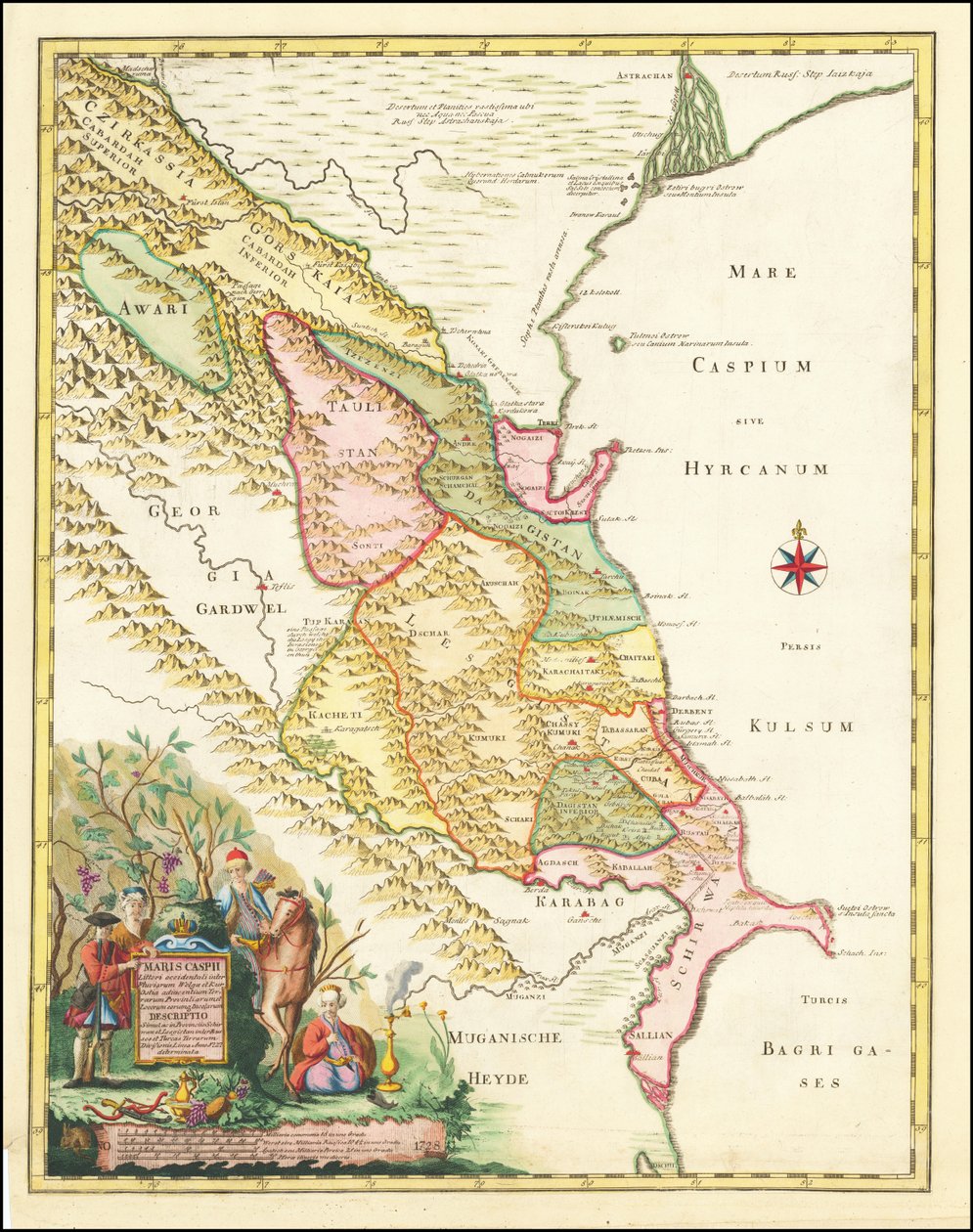 Carte de 1728 de la région de la mer Caspienne occidentale par Joseph Nicholas de L