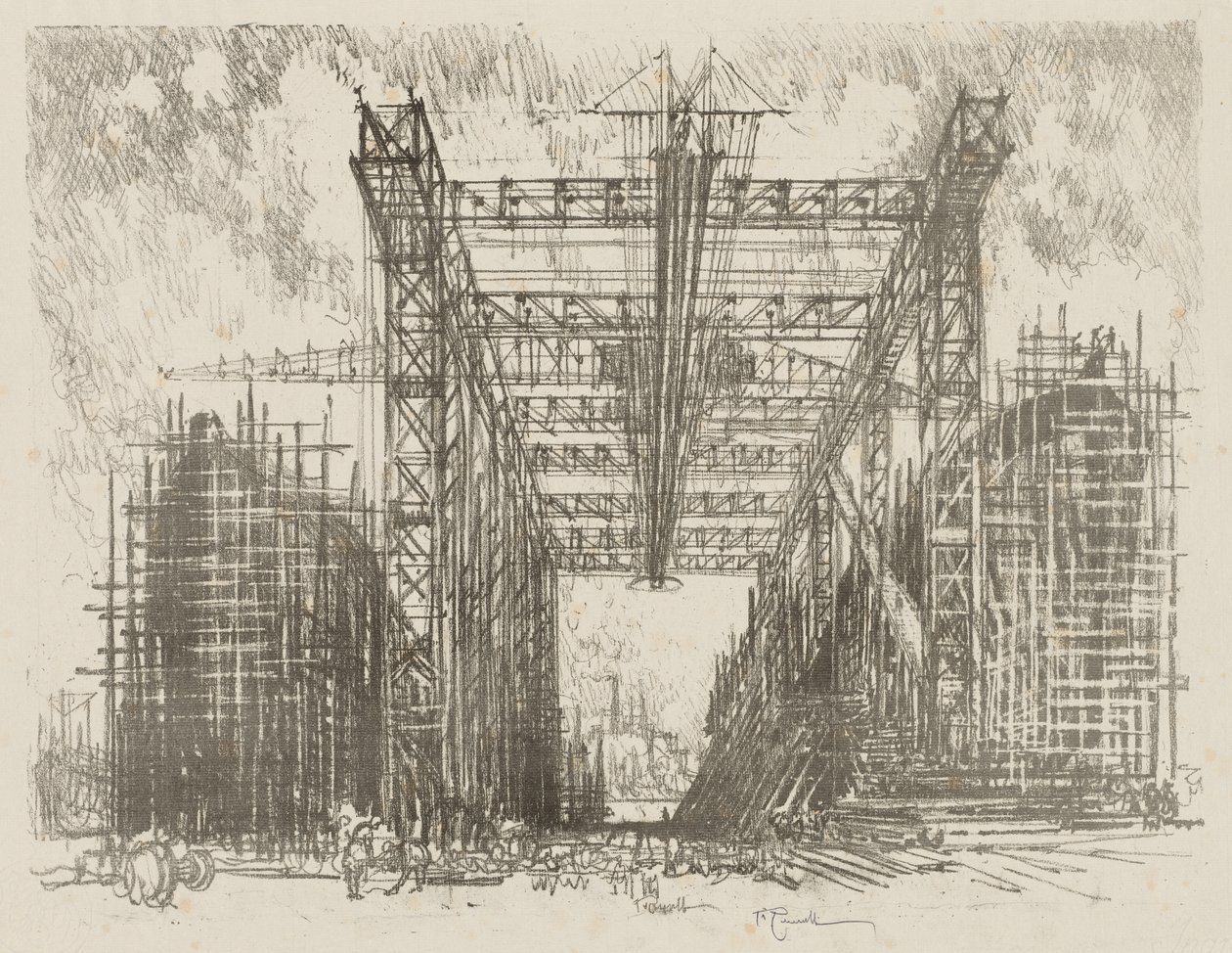 Travail de guerre anglais : La grue (un chantier naval marchand) - Joseph Pennell