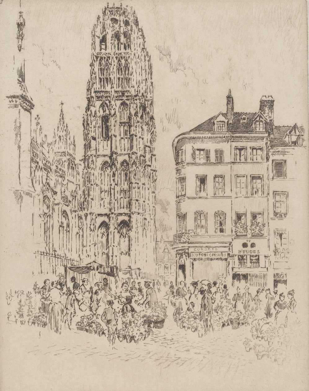 Marché aux fleurs et Tour de Beurre, Rouen, 1907 - Joseph Pennell
