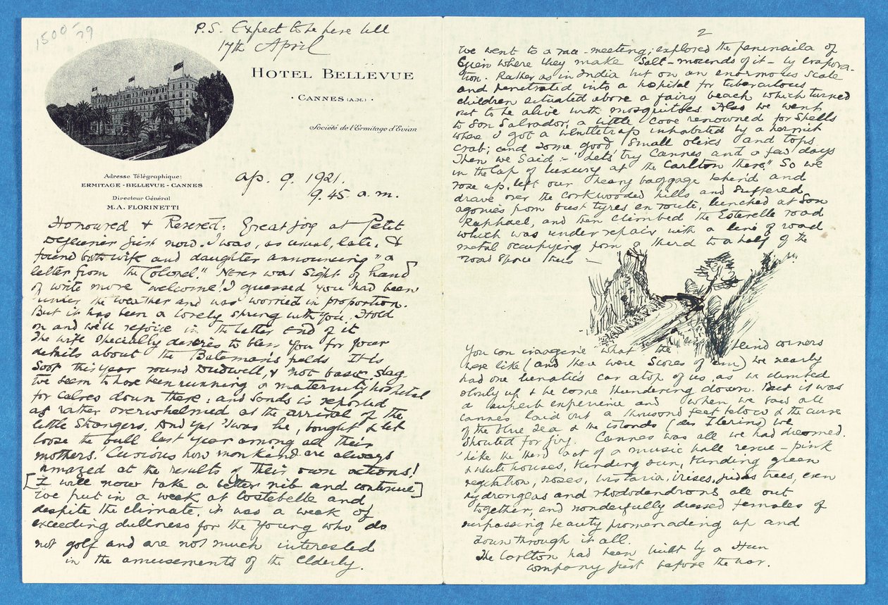 Lettre autographe à Col. H. W. Feilden, Hôtel Bellvue Cannes, 9 avril - Joseph Rudyard Kipling