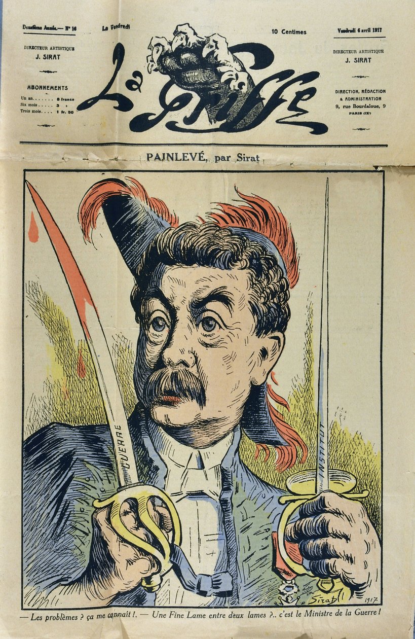 Portrait du mathématicien et homme politique français Paul Painlevé (1863-1933) caricature par Sirat dans « La Griffe » de 1917. - Joseph Sirat