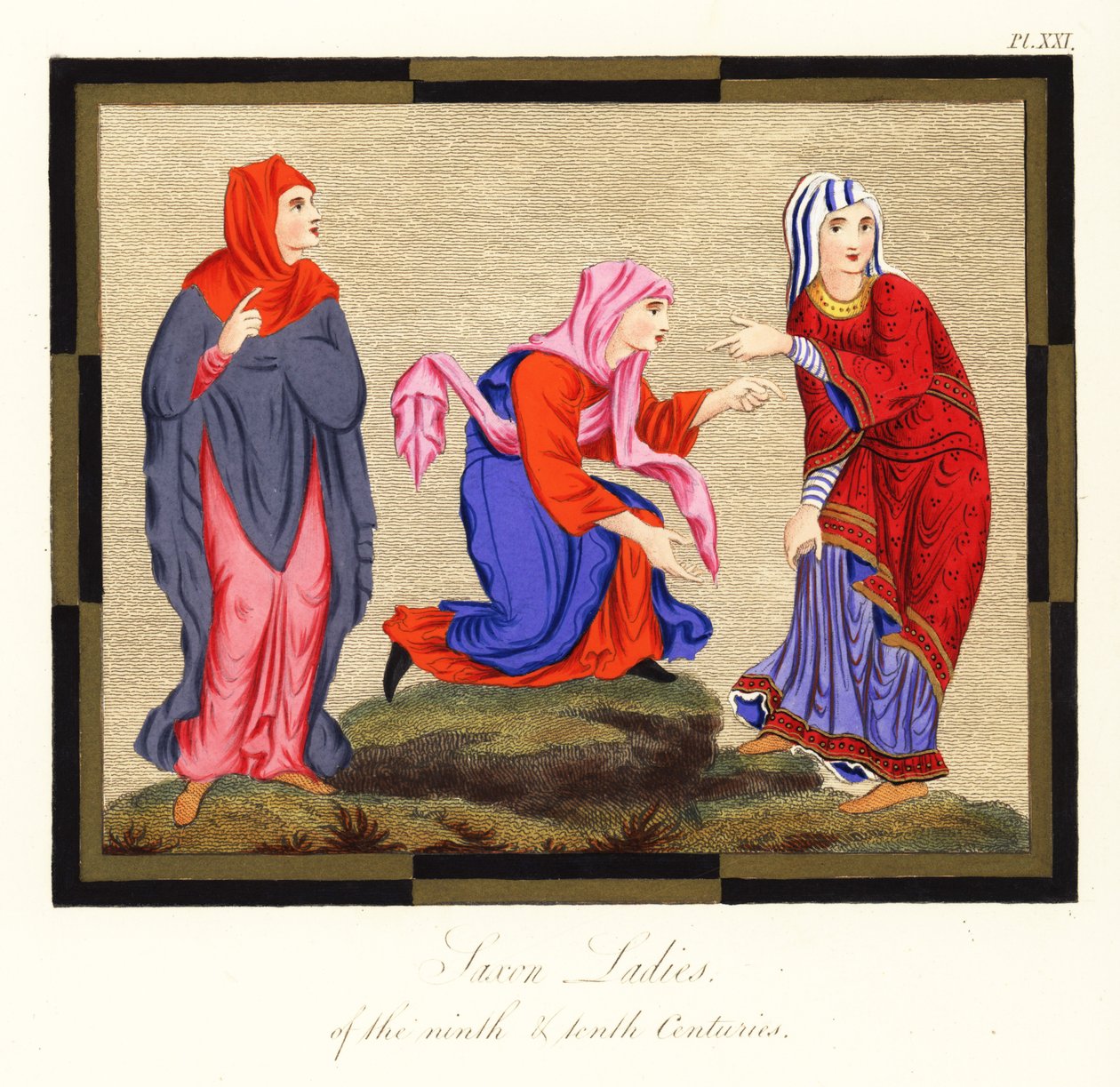 Costumes des femmes anglo-saxonnes, IXe et Xe siècles (gravure) - Joseph Strutt