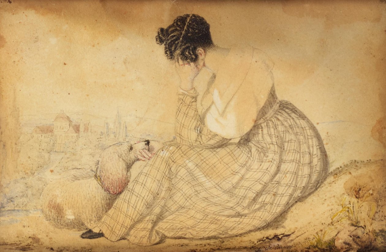 Presse-papiers avec femme en deuil et chien et vue sur Vienne - Joseph Weidner
