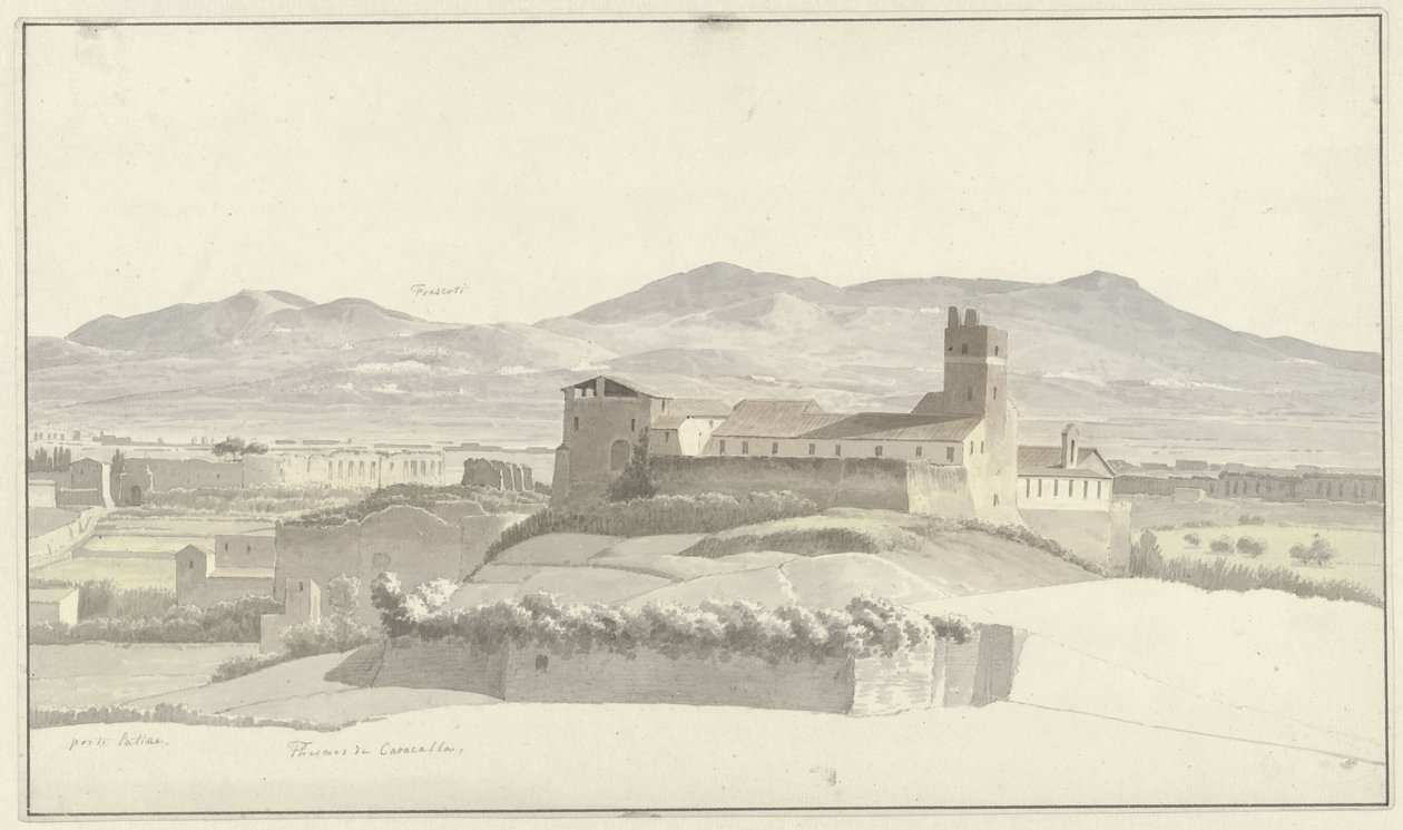 Les thermes de Caracalla à Rome, avec Frascati au loin - Josephus Augustus Knip