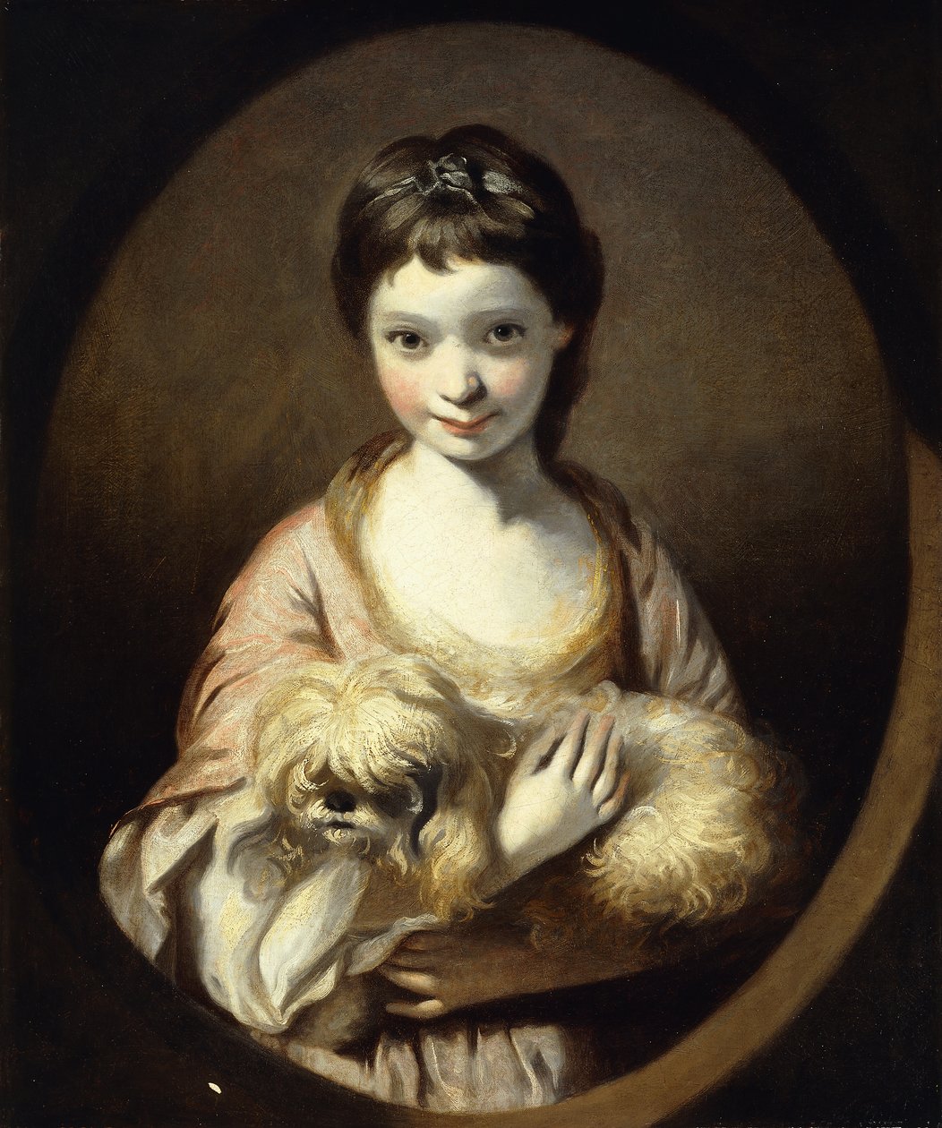 Portrait de Miss Emilia Vansittart, mi-longueur, portant une Robe Rose et Blanche tenant un Chien, c.1767-68 - Joshua Reynolds