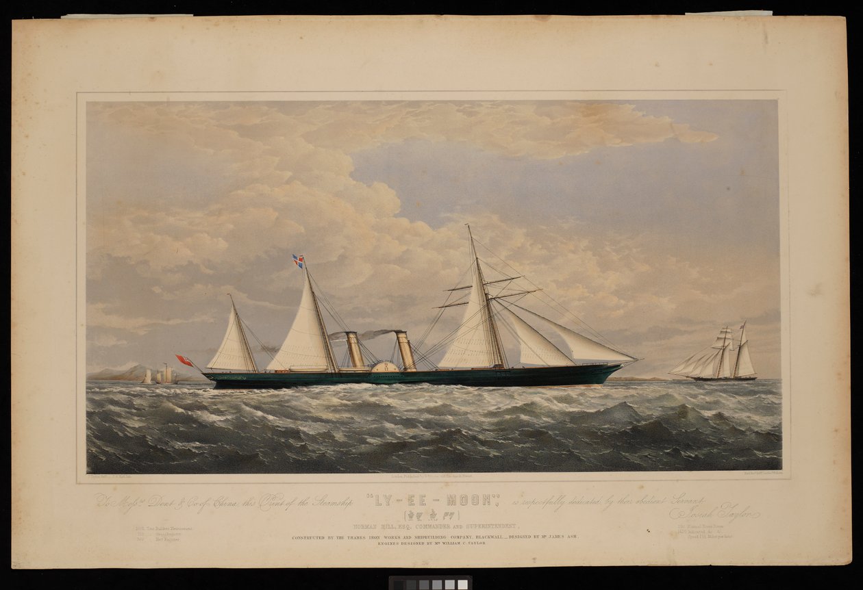 À Messieurs Dent & Co de Chine, cette impression du navire à vapeur Ly-Ee-Moon, commandant Norman Hill... construite par la Thames Iron Works and Shipbuilding Company, Blackwall..., vers 1860 - Josiah Taylor