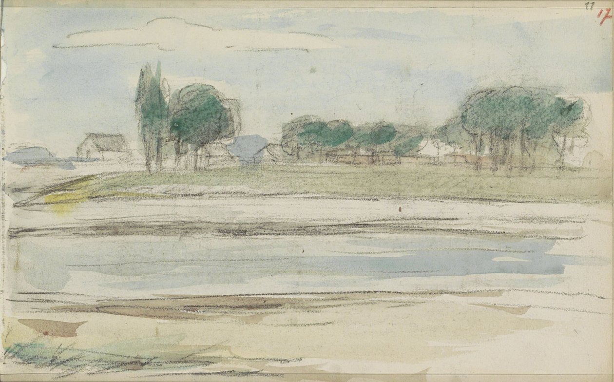 Paysage avec eau et maisons près d