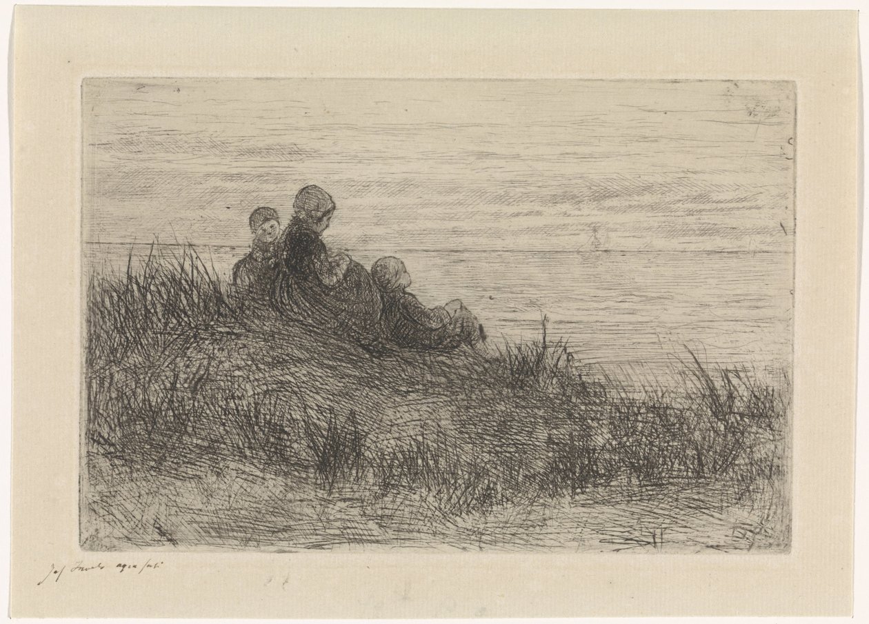 Paysage de dunes avec mère et enfants - Jozef Israëls (signed by artist)