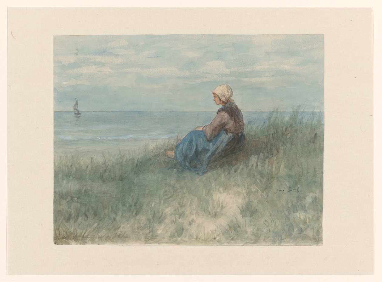 Une femme assise sur une dune regardant la mer - Jozef Israëls