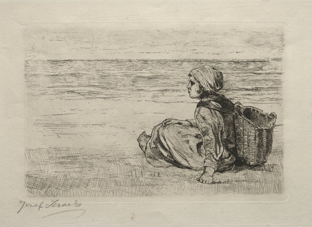 Fille avec panier assise sur le rivage - Jozef Israëls