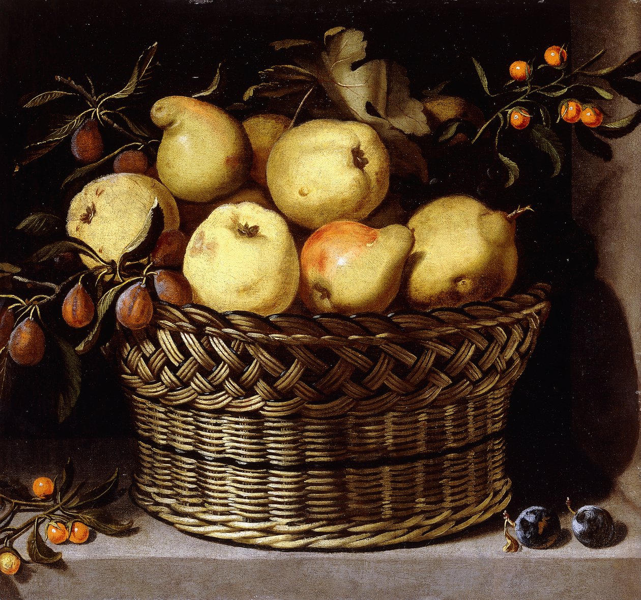 Panier en Osier avec des Fruits sur un Rebord de Pierre - Juan van der Hamen y Leon