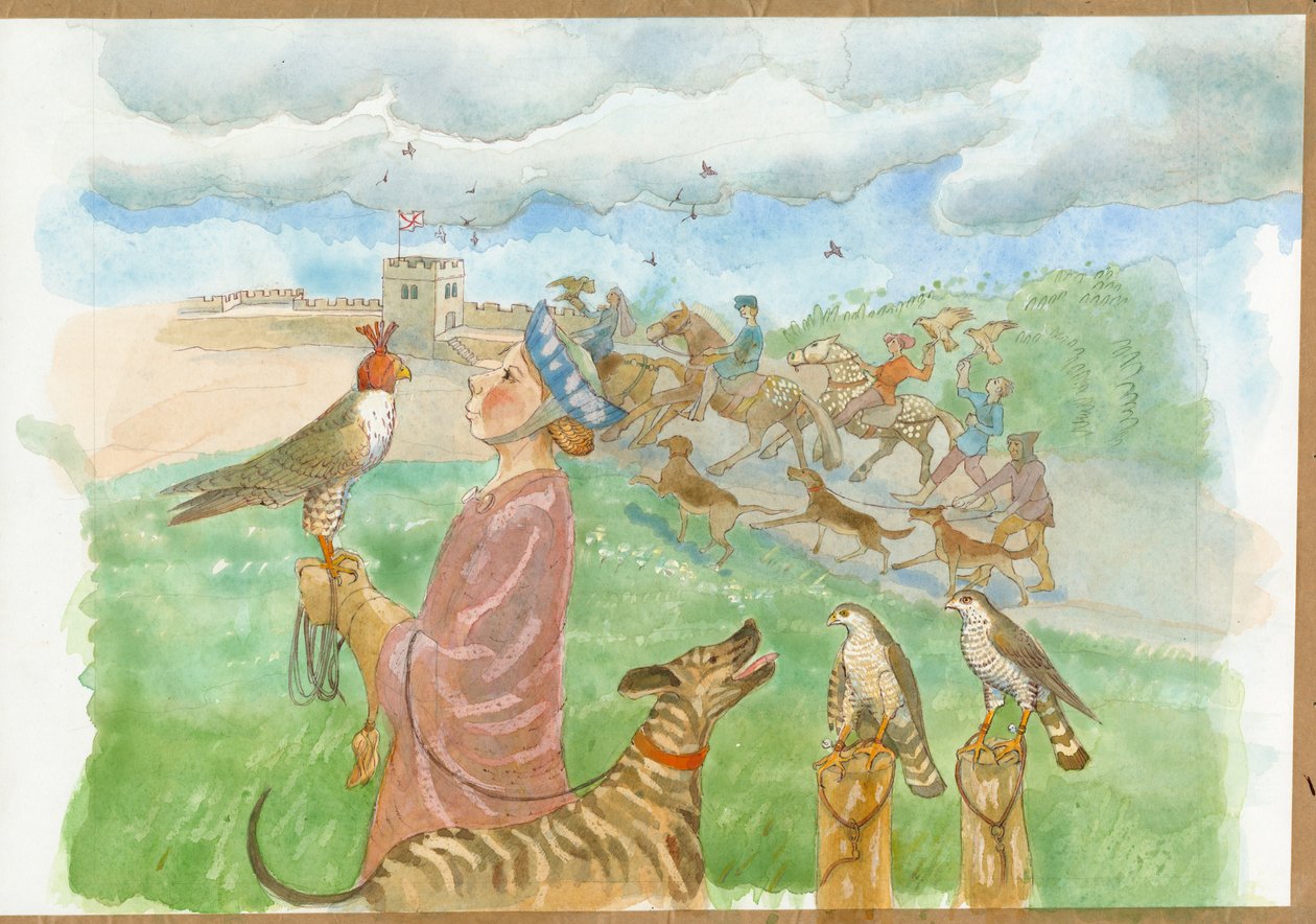 Scène de chasse du haut Moyen Âge (aquarelle sur papier) - Judith Dobie