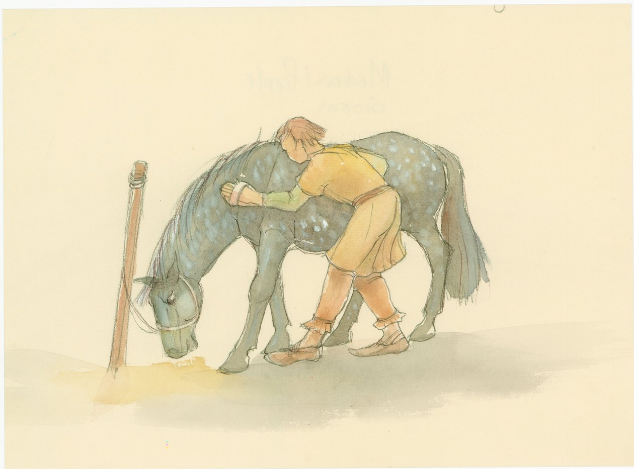 Un palefrenier médiéval brossant un cheval, 2004 - Judith Dobie