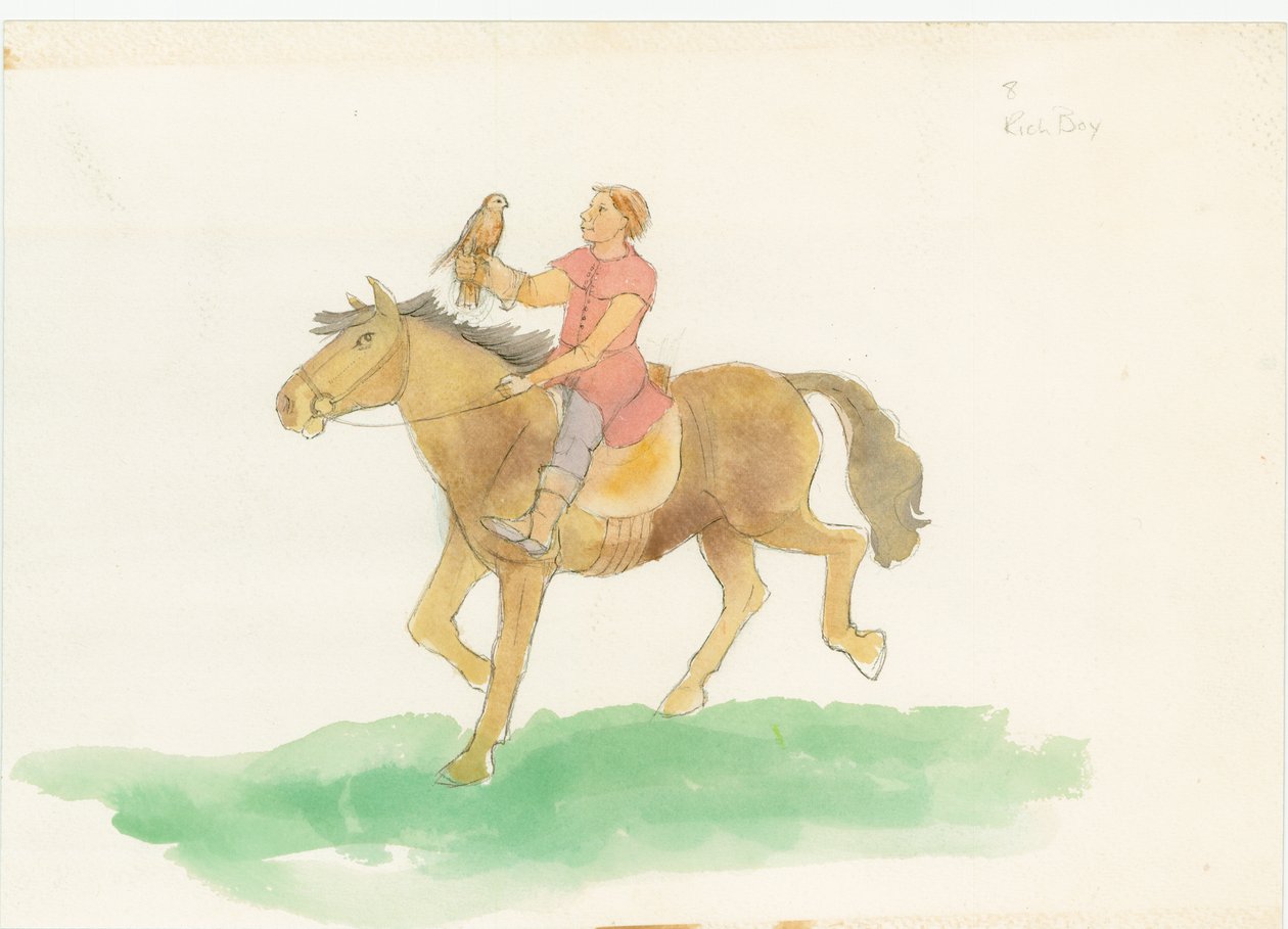 Un homme médiéval, montrant à cheval avec un oiseau de proie sur son bras - Judith Dobie