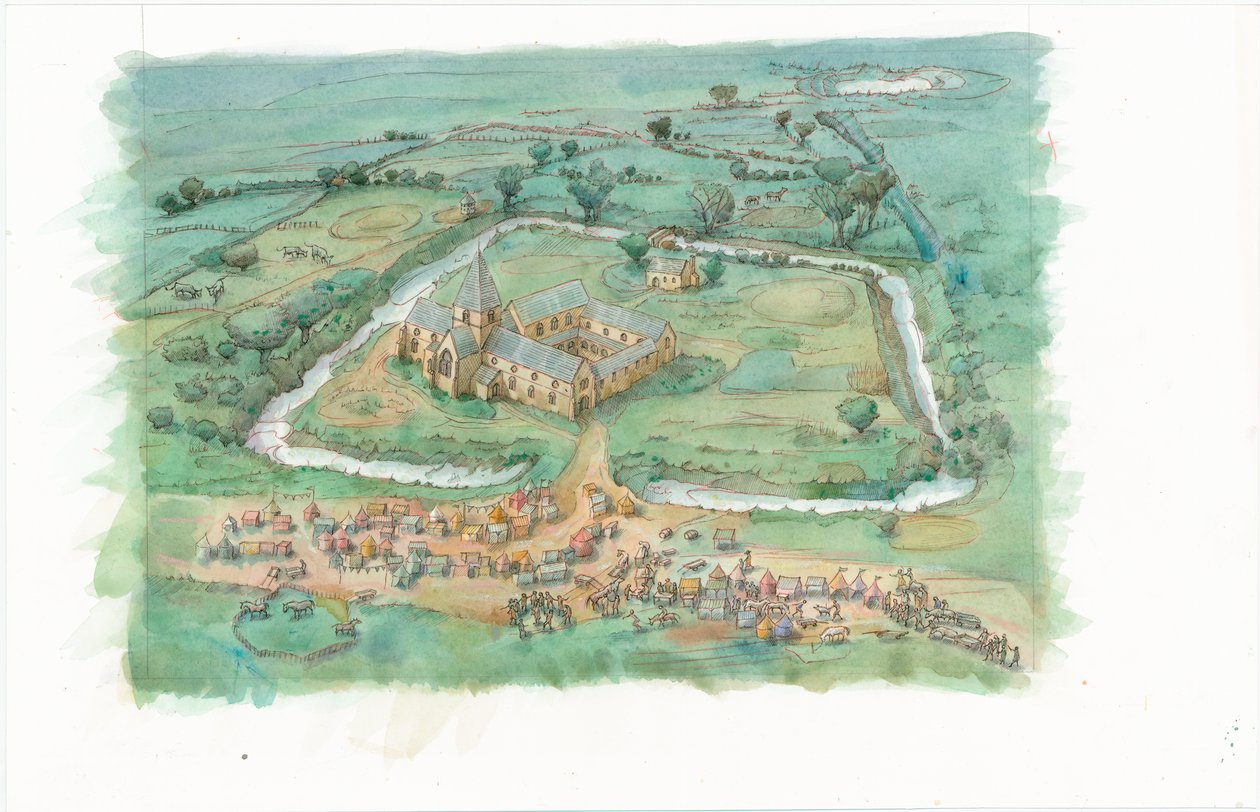 Peinture de reconstitution montrant une vue oblique du prieuré de Latton tel qu