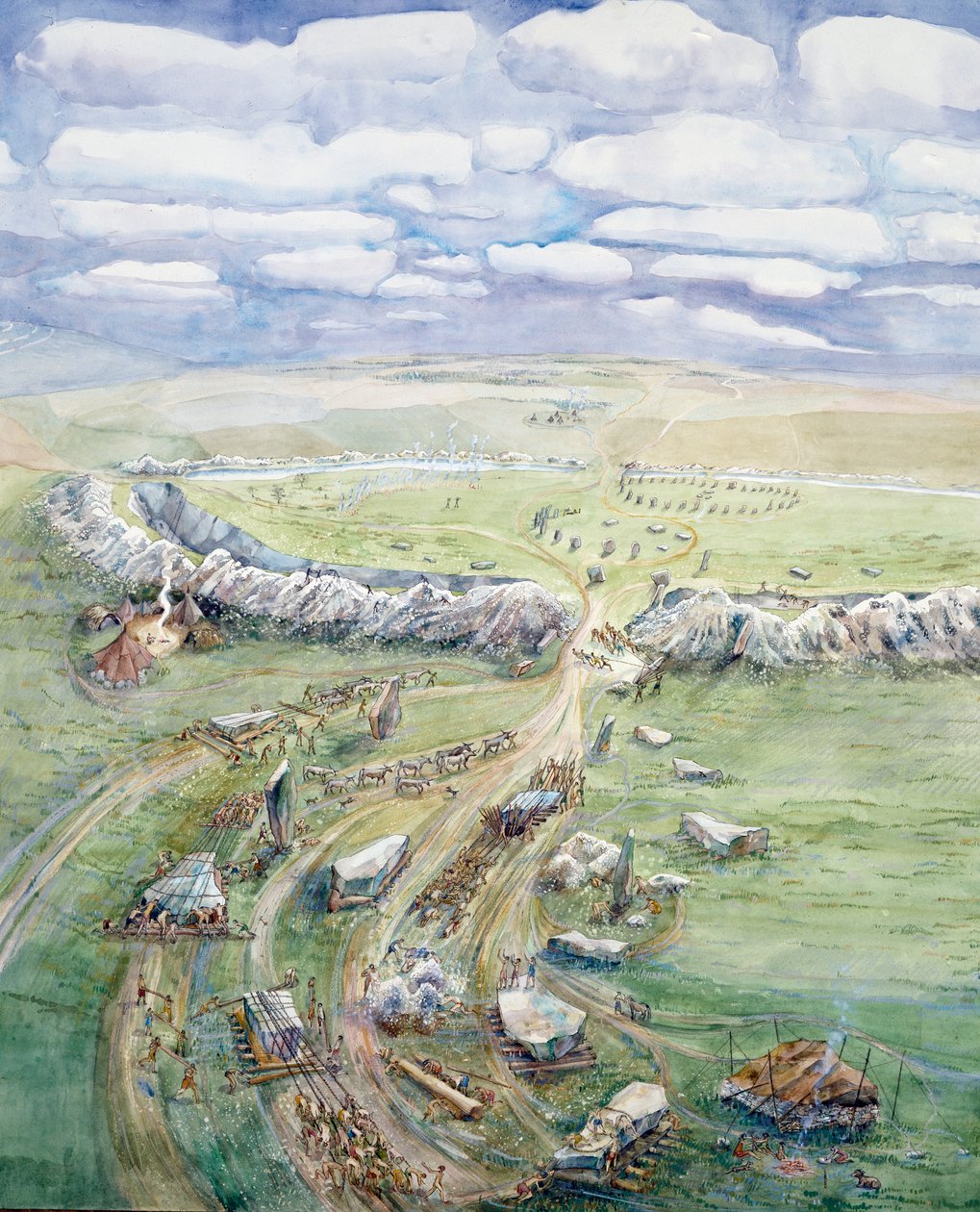 Avebury Henge en construction (aquarelle sur papier) - Judith Dobie