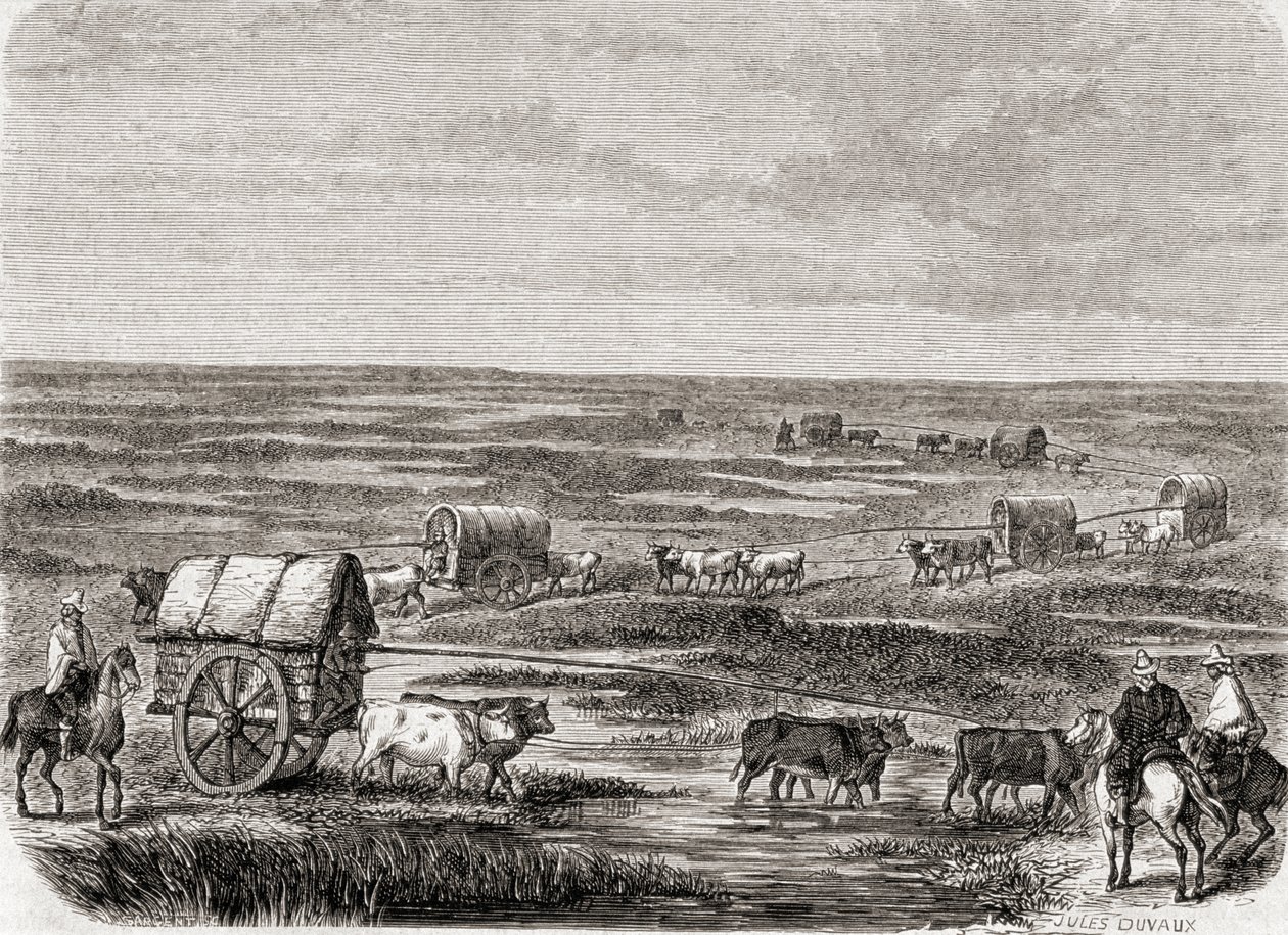 Train de wagons sur les Pampas argentines dans les années 1860, gravé par Alfred Louis Sargent (né en 1828) - Jules Antoine Duvaux