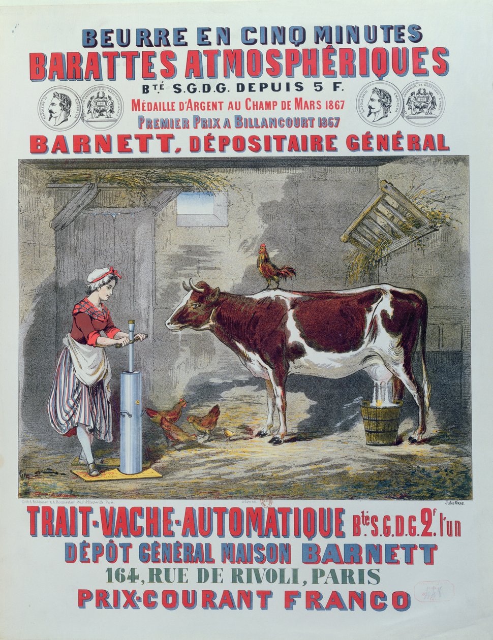 Publicité pour la baratte atmosphérique et la machine à traire automatique, de Maison Barnett, Paris, vers 1867 - Jules Gras
