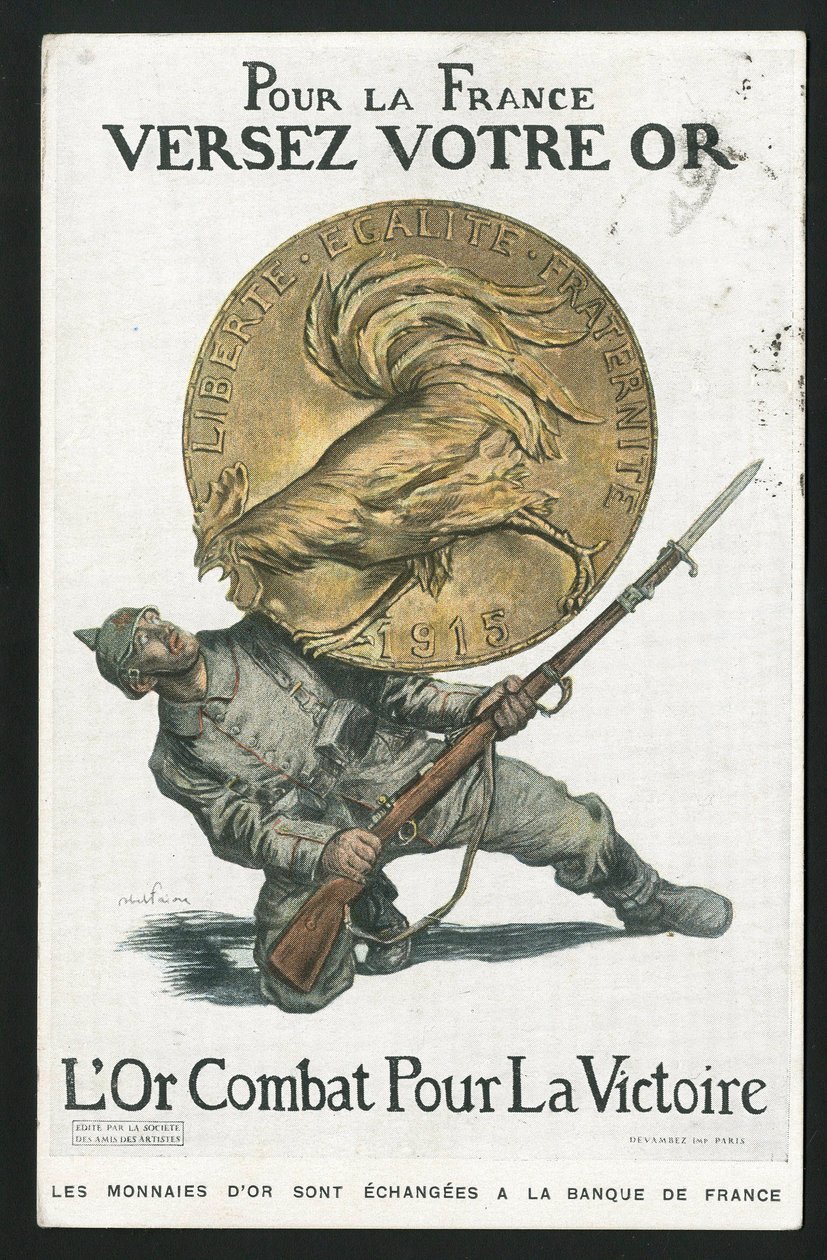 Carte postale, Satirique en couleurs, vers 1915: Pour la France, Versez votre or - Guerre de 14-18, Allemagne Prusse, Argent, Belligérants et symboles, Victoire, Emprunt, Journées patriotiques - Coq - Illustration par Abel Faivre (1867-1945) - Jules Abel Faivre